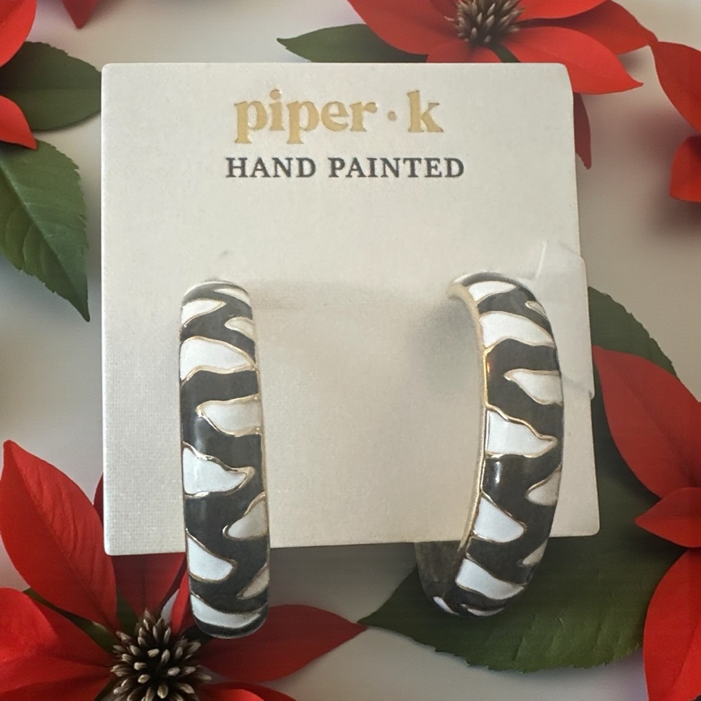 Piper K Hand Painted Black and White Earrings With Gold Accents New